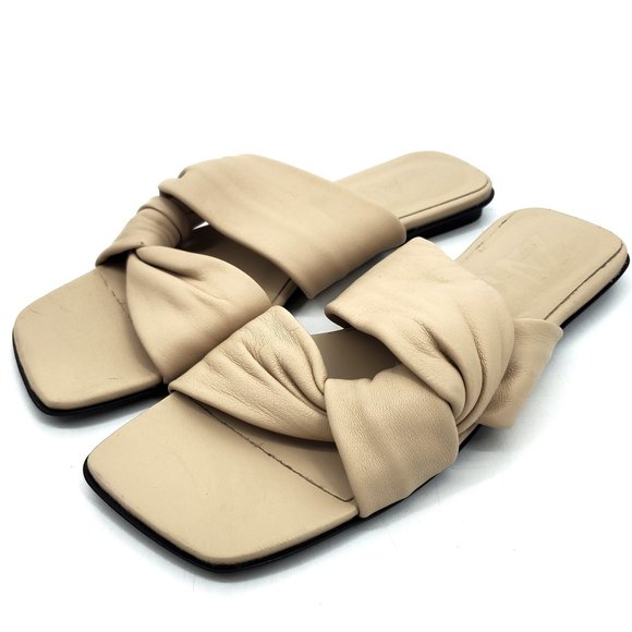 Zara Low Heeled Crossed Leather Square Toe Sandals Tan/Beige/Nude Size 37
